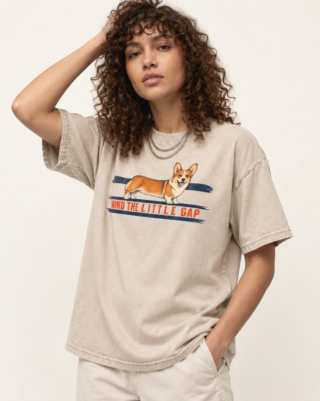 Mind the Little Corgi Gap Washed Tee in Apricot, worn by a model