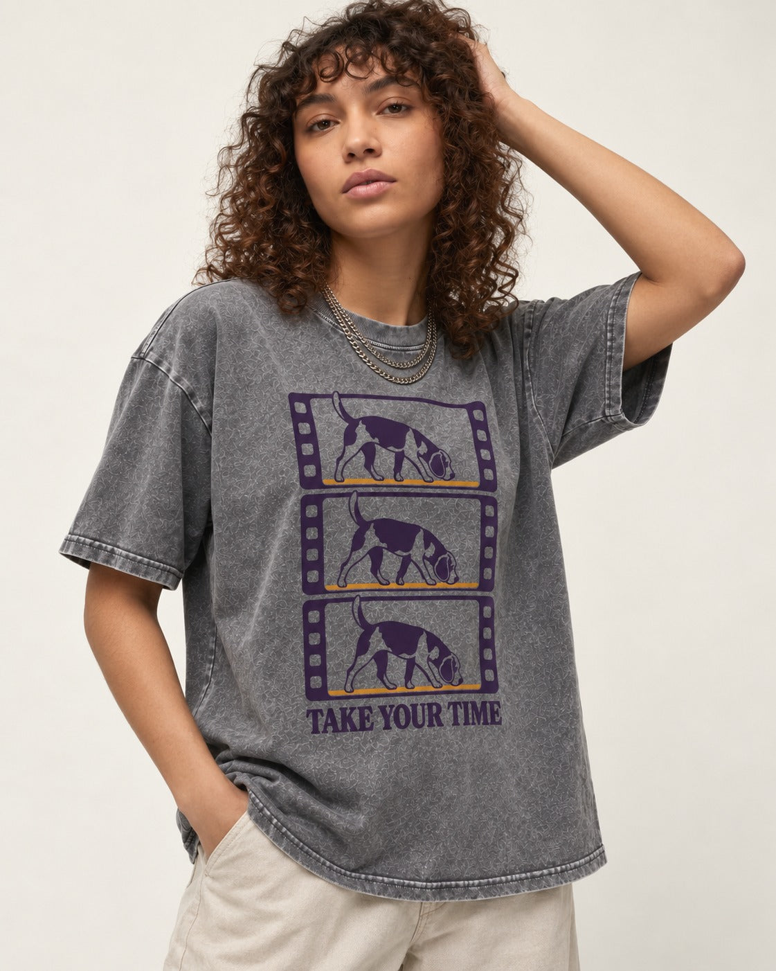 Beagle Take Your Time Washed Tee in Gray, worn by a model