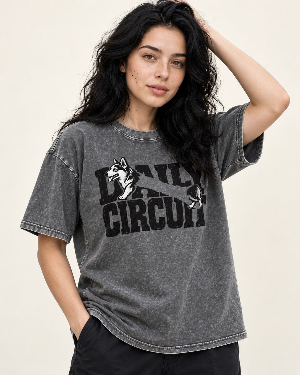 Daily Corgi Circuit Washed Tee in Gray, worn by a model