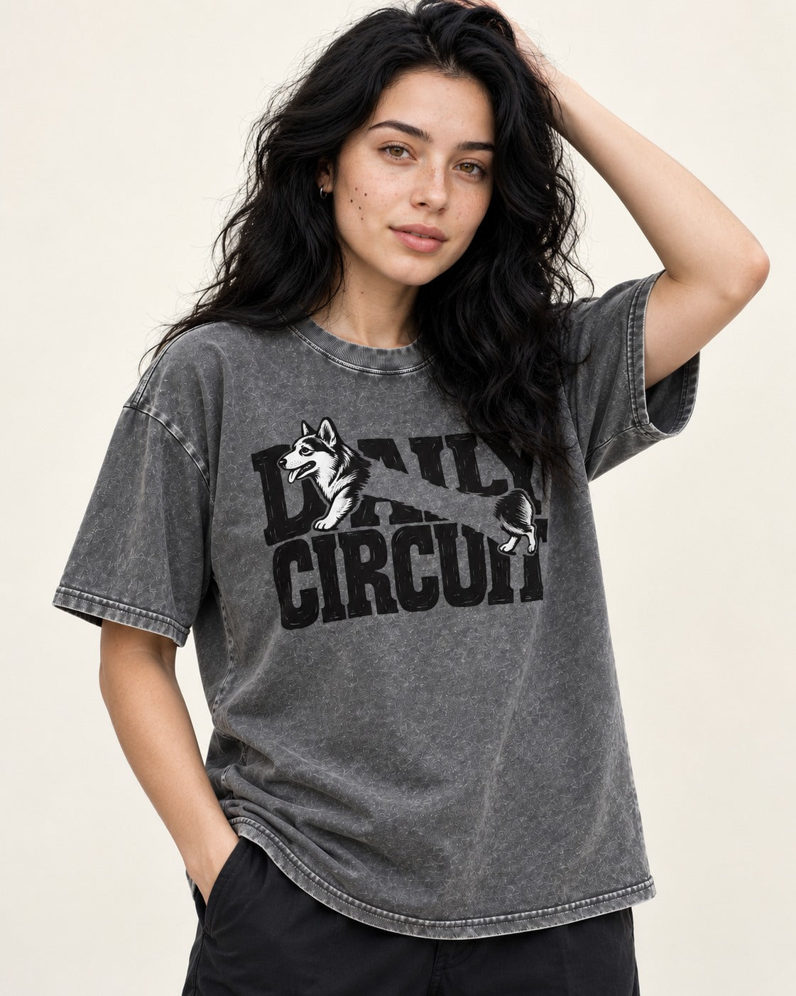 Daily Corgi Circuit Washed Tee in Gray, worn by a model