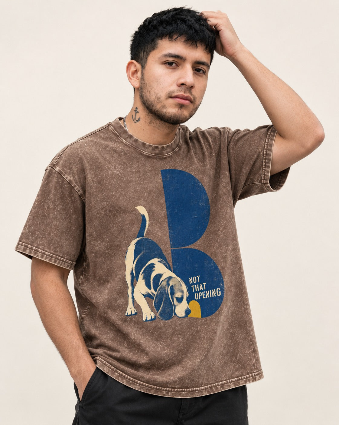 Not That Opening Beagle Washed Tee in Coffee, worn by a model