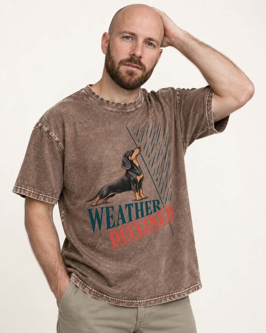 Weather Declined by Dachshund Washed Tee in Coffee, worn by a model