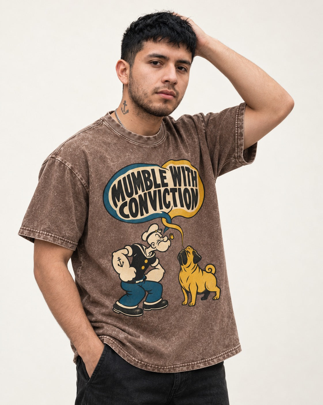 Pug Mumble with Conviction Washed Tee in Coffee, worn by a model