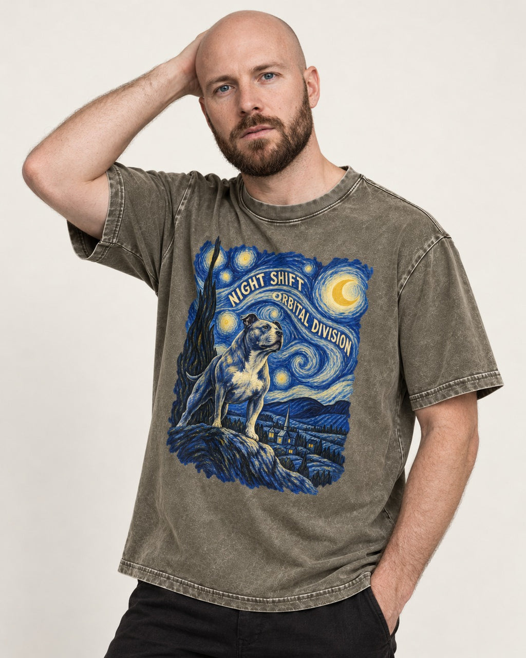 Pitbull Night Shift Orbital Division Starry Night Graphic Washed Tee in Army Green, worn by a model
