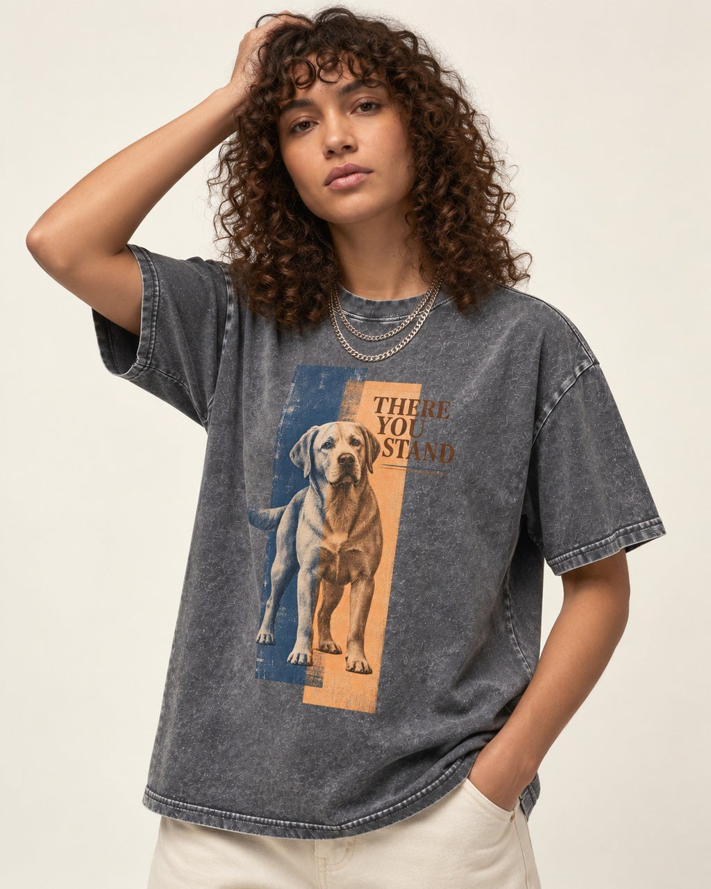 There You Stand Labrador Retriever Washed Tee in Gray, worn by a model