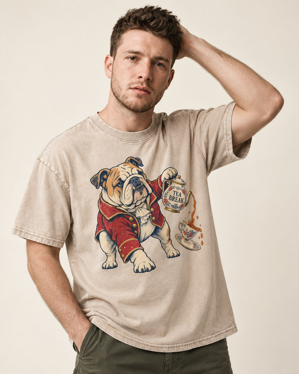 English Bulldog Tea Break Washed Tee in Apricot, worn by a model