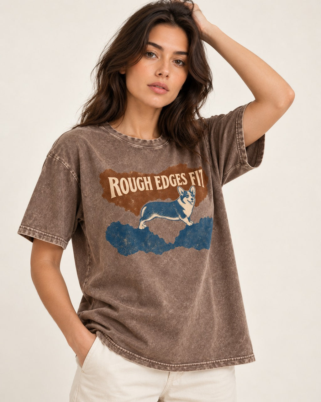 Corgi's Rough Edges Fit Washed Tee in Coffee, worn by a model