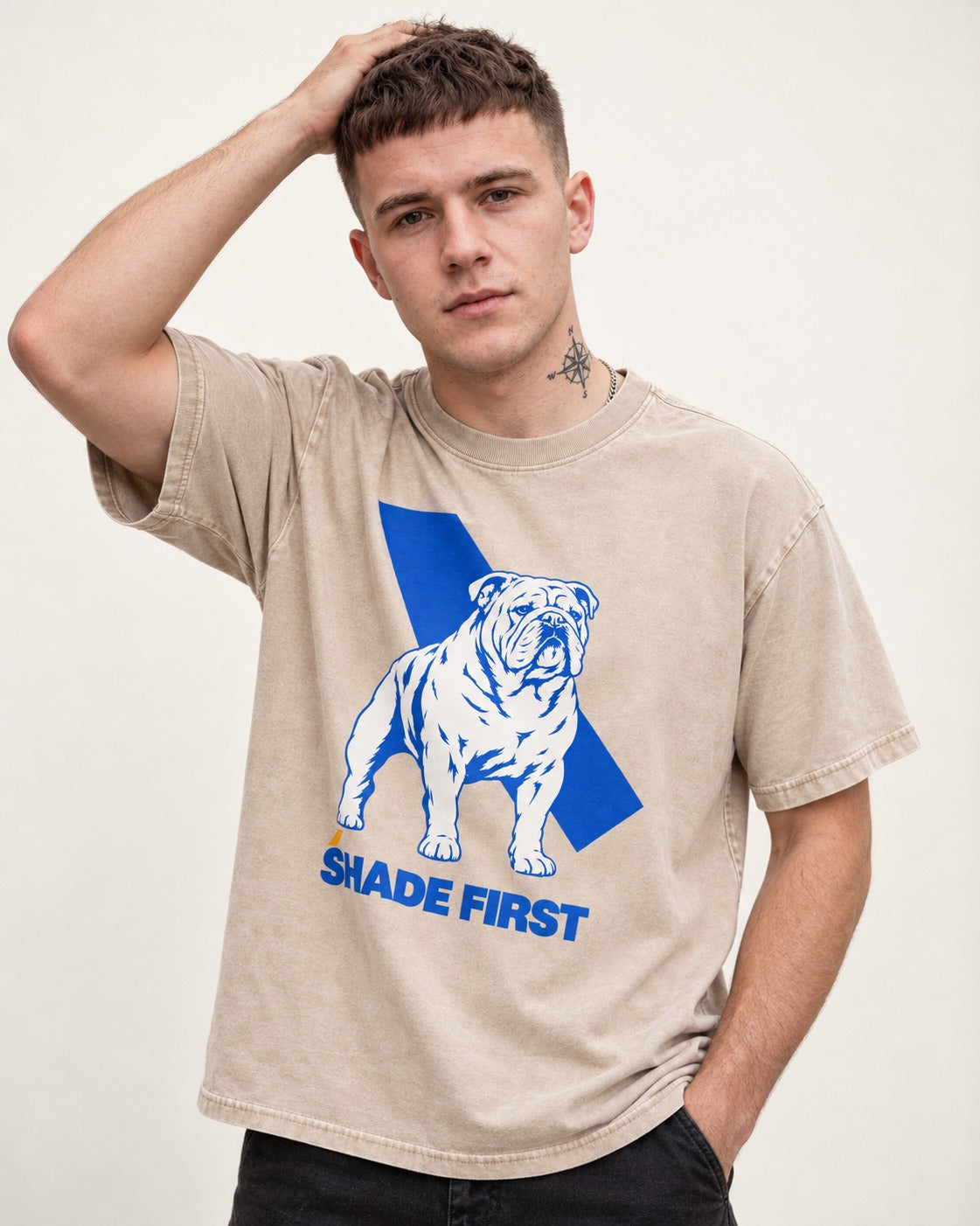 Shade First English Bulldog Washed Tee in Apricot, worn by a model