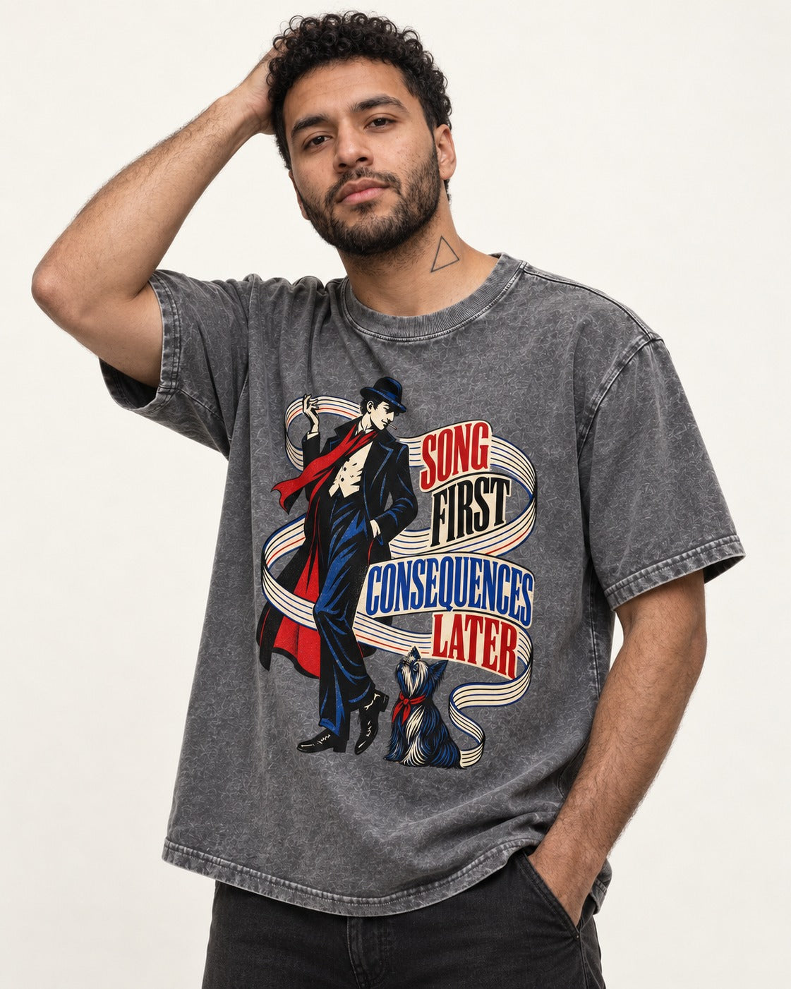 Yorkshire Terrier Song First Consequences Later Washed Tee in Gray, worn by a model