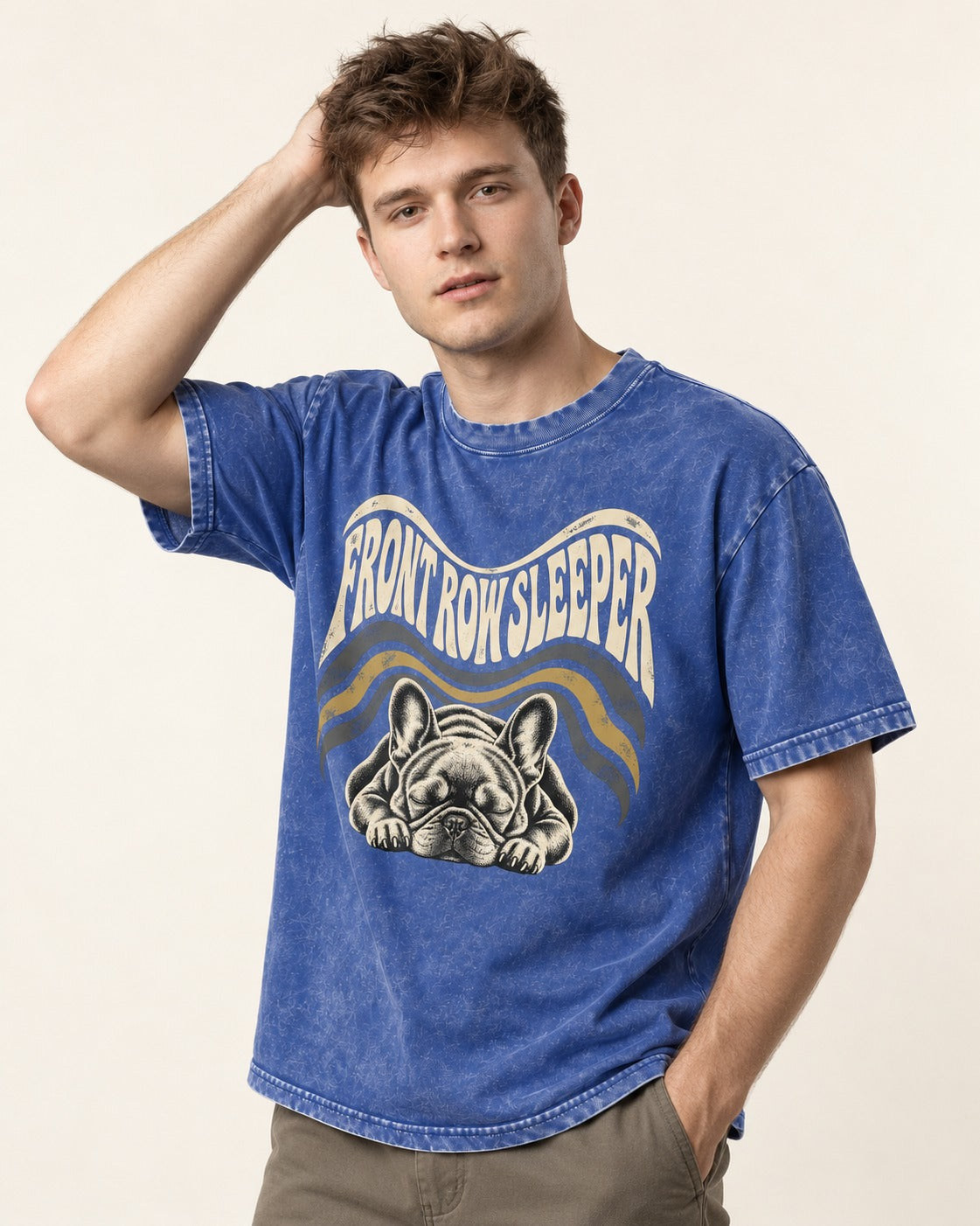 Frenchie Front Row Sleeper Retro Graphic Washed Tee in Royal Blue, worn by a model
