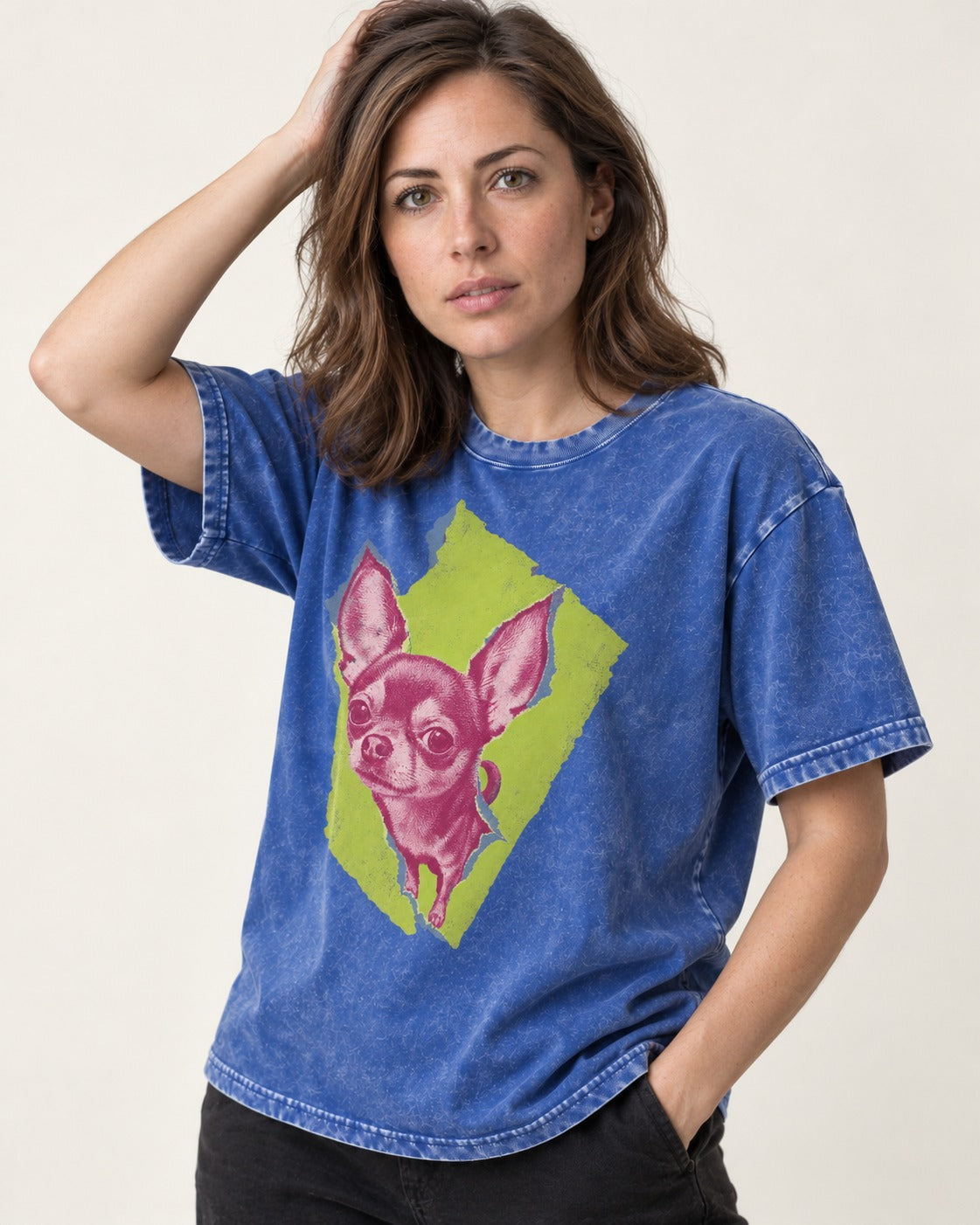 Torn-Paper Chihuahua Portrait Washed Tee in Royal Blue, worn by a model