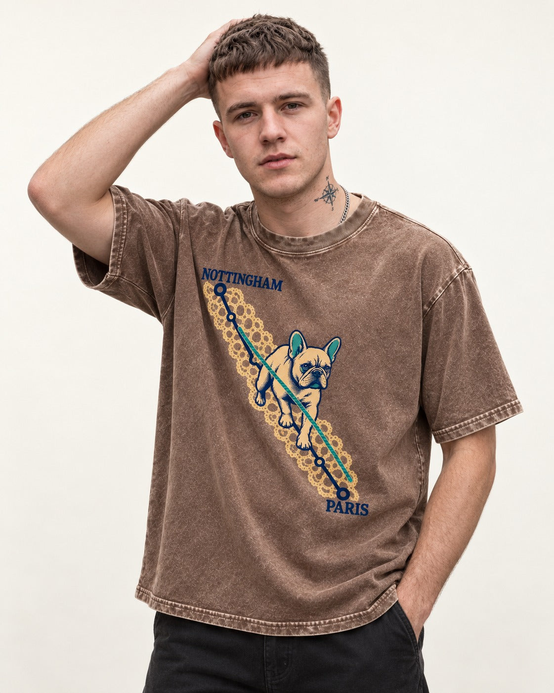 Nottingham to Paris Frenchie Washed Tee in Coffee, worn by a model