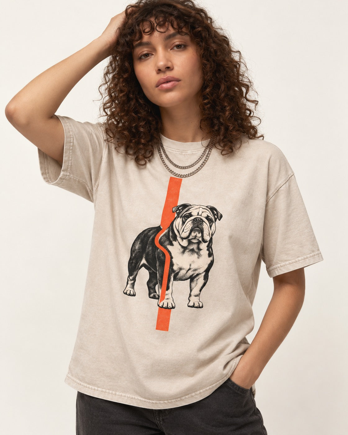English Bulldog Quiet Strength Washed Tee in Apricot, worn by a model