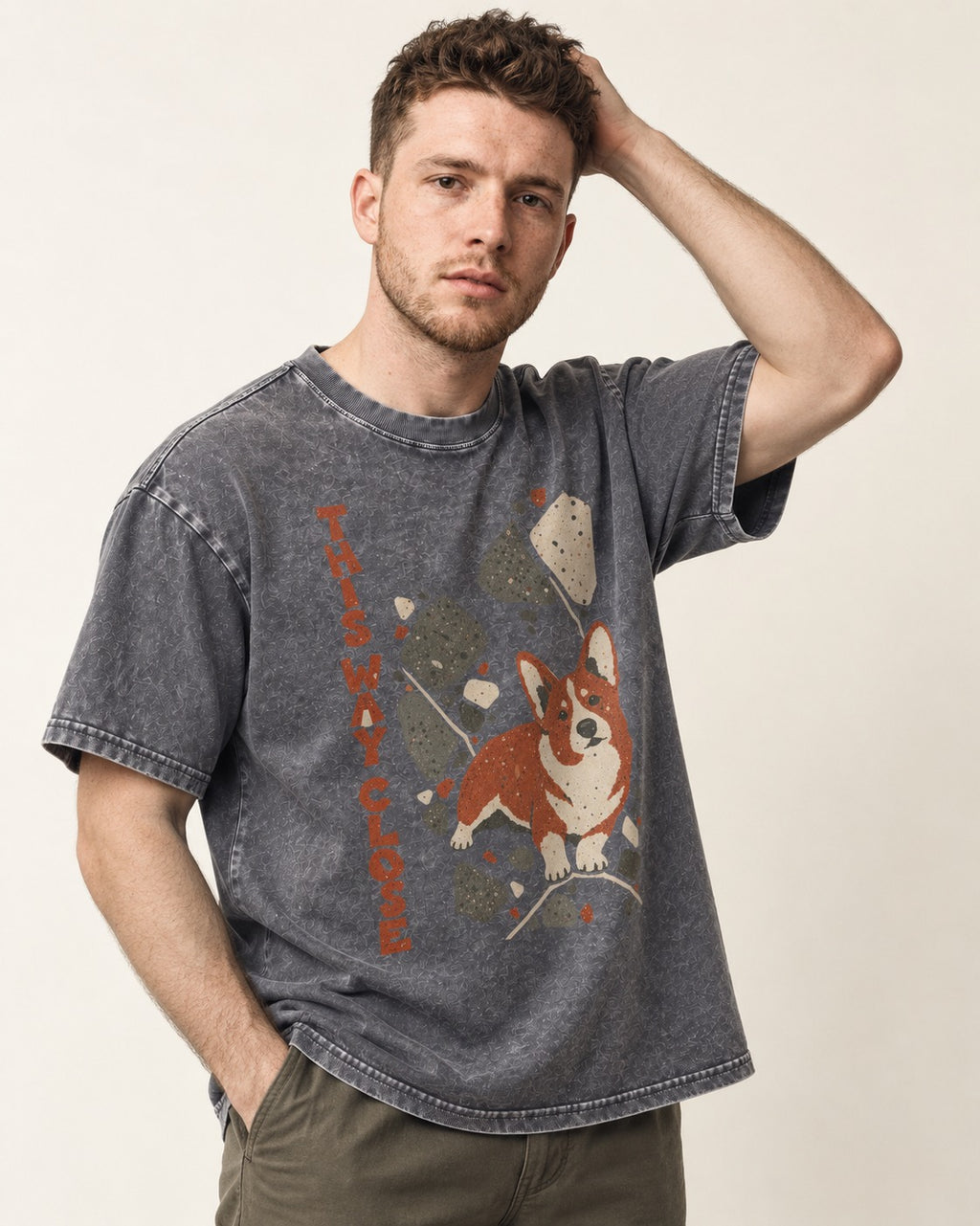 Corgi This Way Close Rubble Graphic Washed Tee in Gray, worn by a model