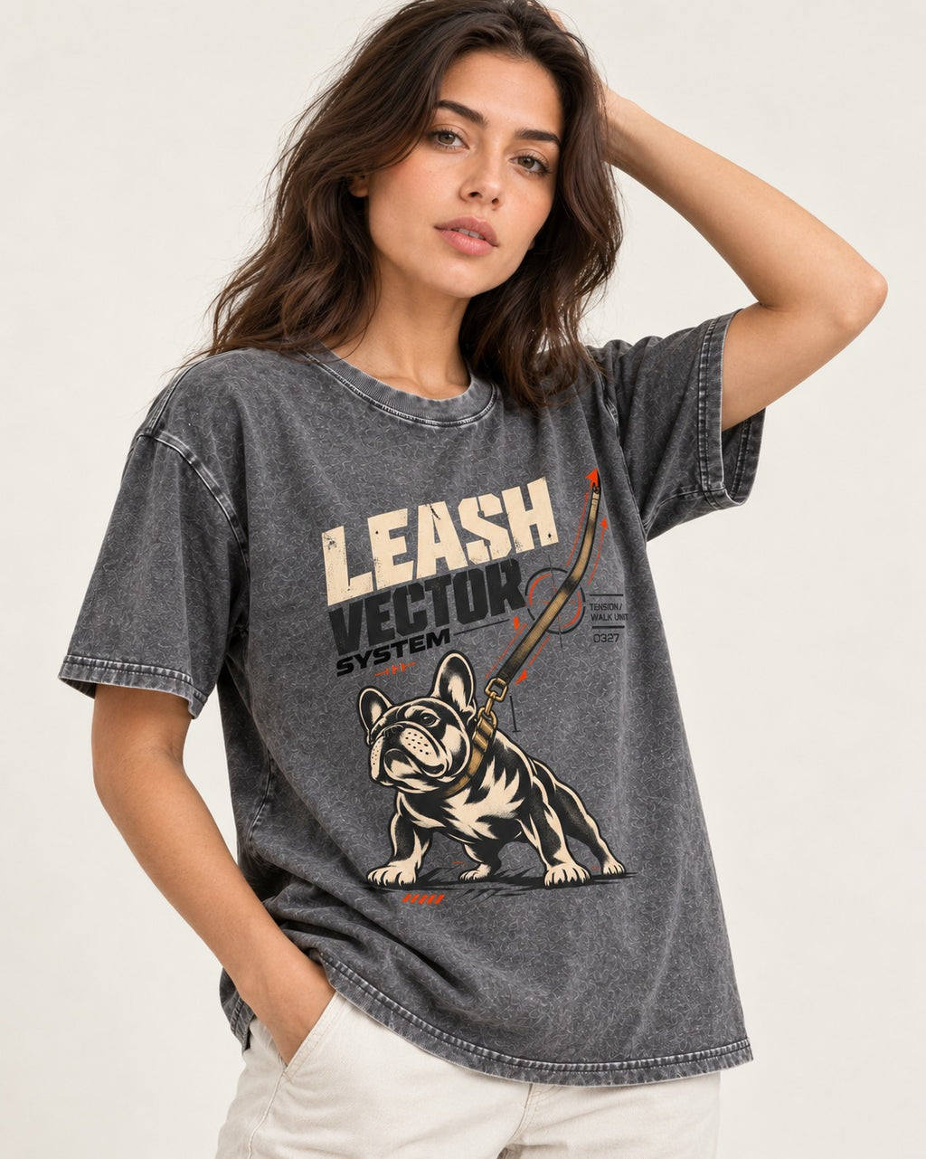 Frenchie Leash Vector Washed Tee in Gray, worn by a model