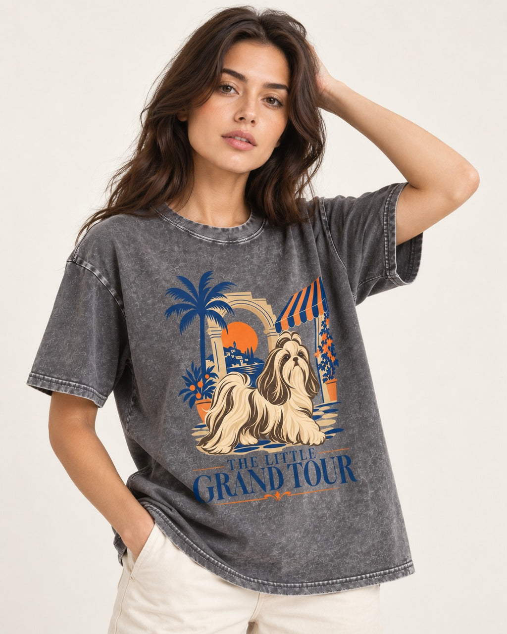 Shih Tzu The Little Grand Tour Mediterranean Courtyard Graphic Washed Tee in Gray, worn by a model