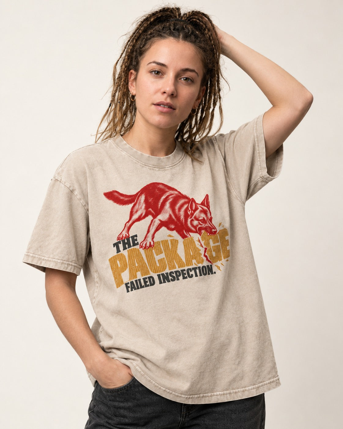 The Package Failed Inspection German Shepherd Dog Washed Tee in Apricot, worn by a model