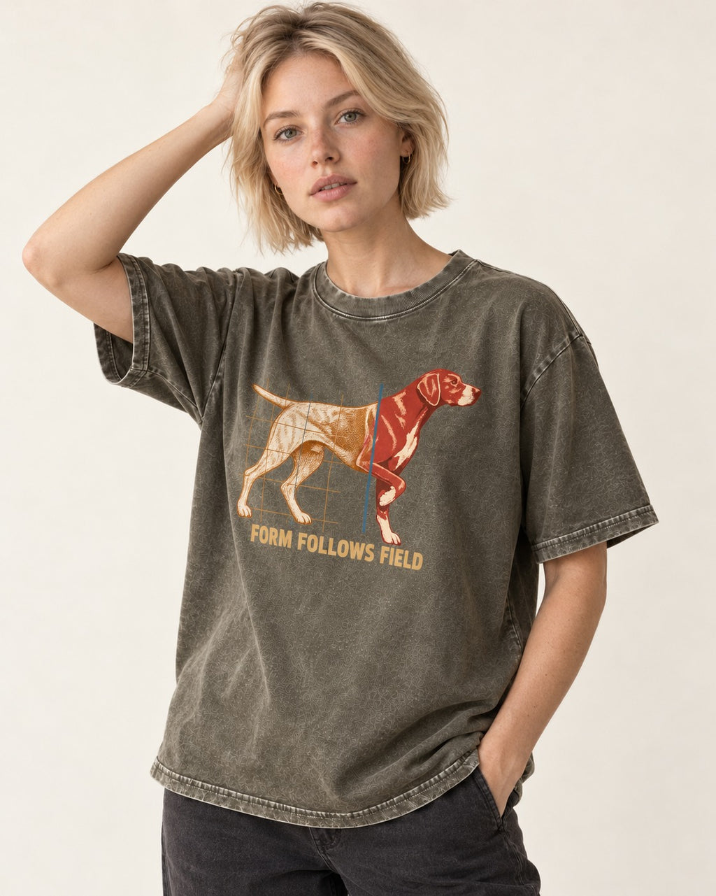 German Shorthaired Pointer Form Follows Field Grid Graphic Washed Tee in Army Green, worn by a model
