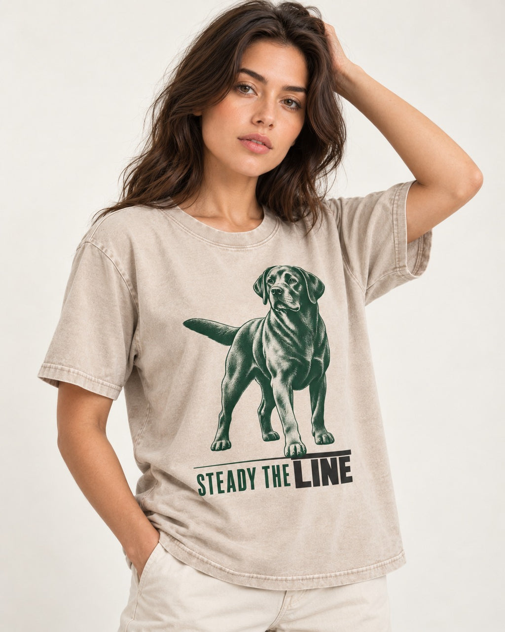 Steady the Line Labrador Retriever Washed Tee in Apricot, worn by a model