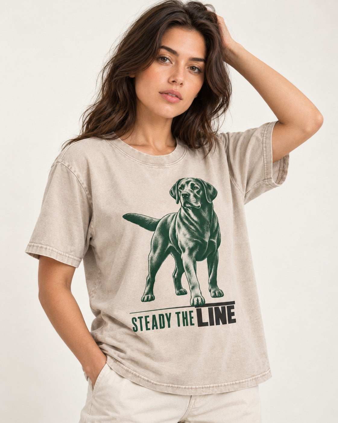 Steady the Line Labrador Retriever Washed Tee in Apricot, worn by a model