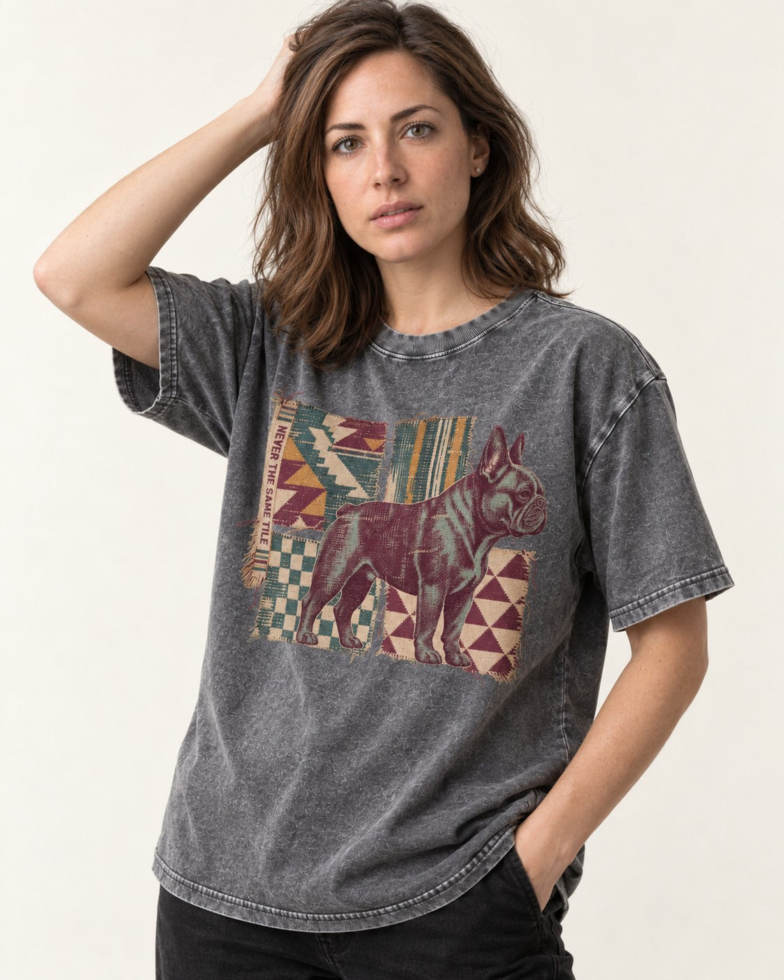 Frenchie Never the Same Tile Textile Graphic Washed Tee in Gray, worn by a model