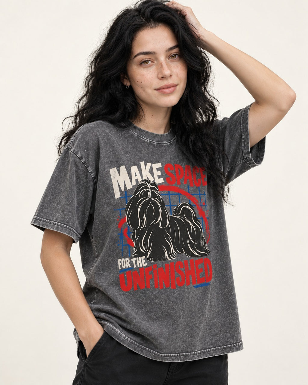 Shih Tzu Make Space for the Unfinished Abstract Circle Graphic Washed Tee in Gray, worn by a model