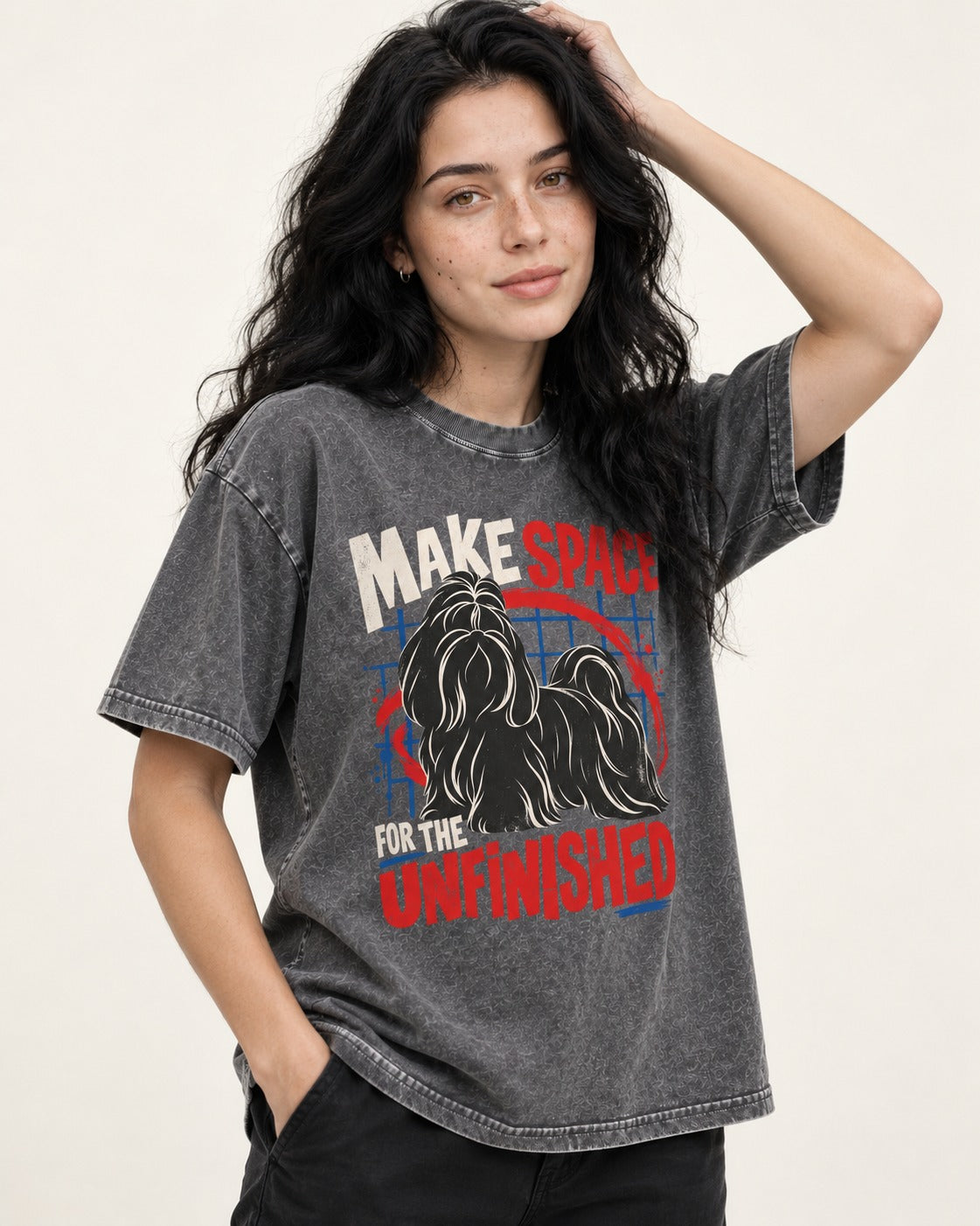 Shih Tzu Make Space for the Unfinished Abstract Circle Graphic Washed Tee in Gray, worn by a model