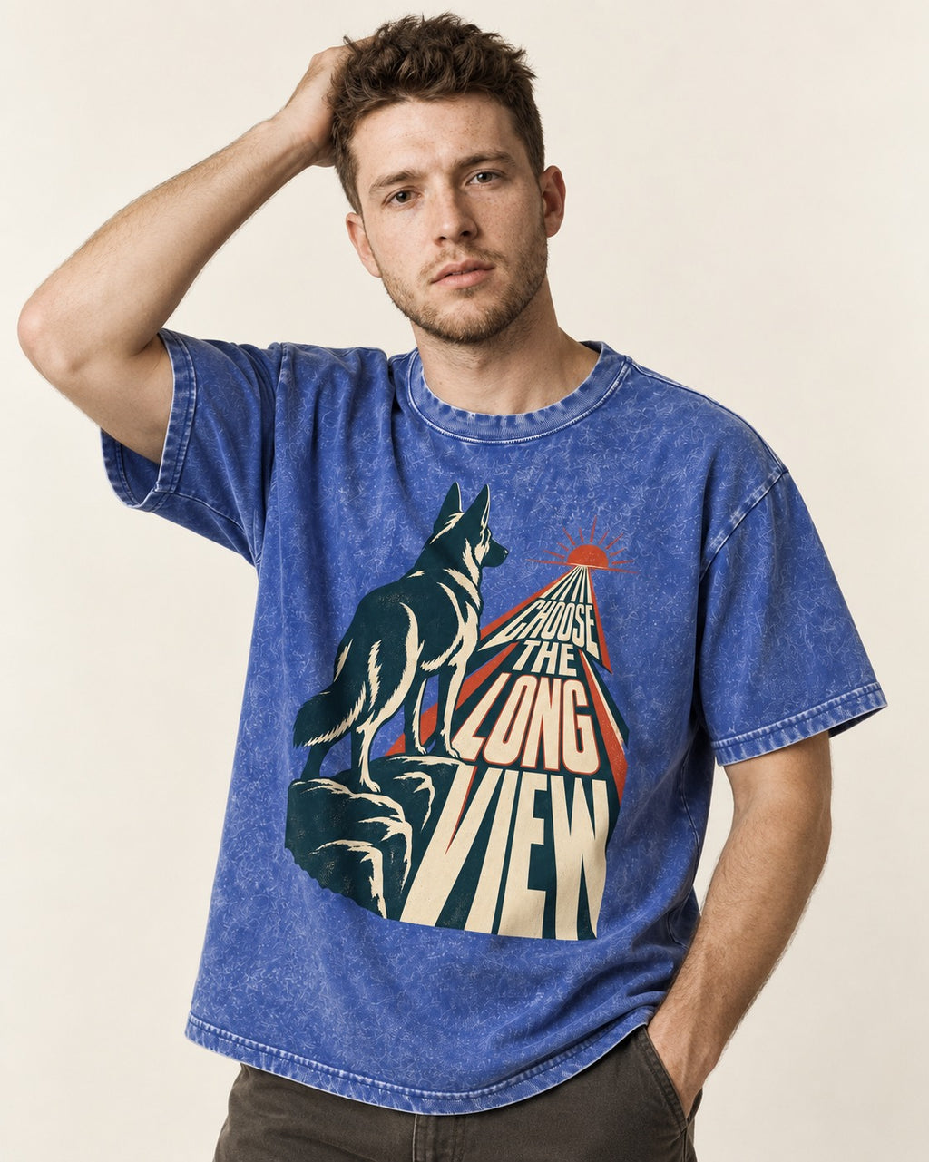 Choose the Long View Sunrise German Shepherd Dog Graphic Washed Tee in Royal Blue, worn by a model