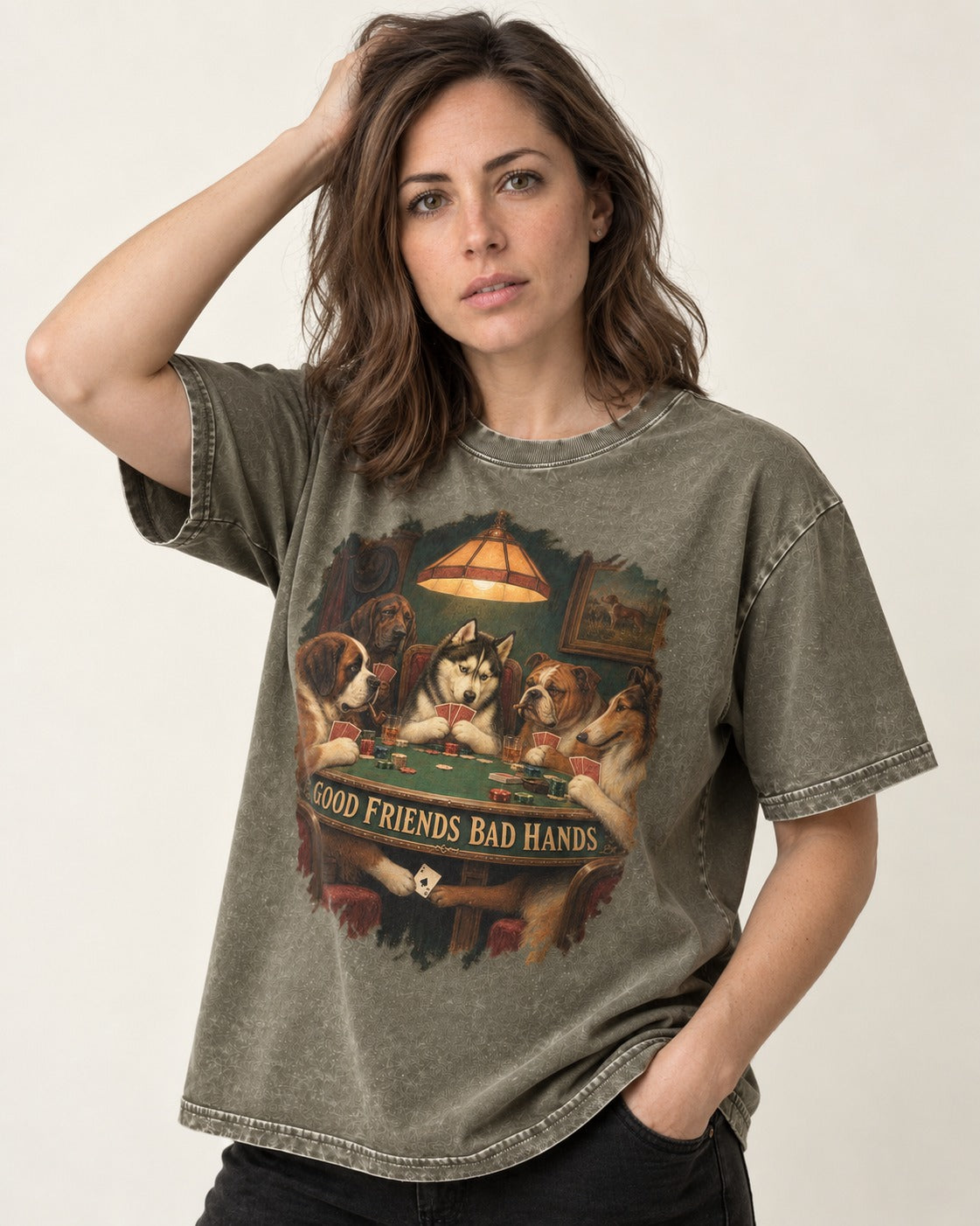 Husky Good Friends Bad Hands Poker Night Graphic Washed Tee in Army Green, worn by a model