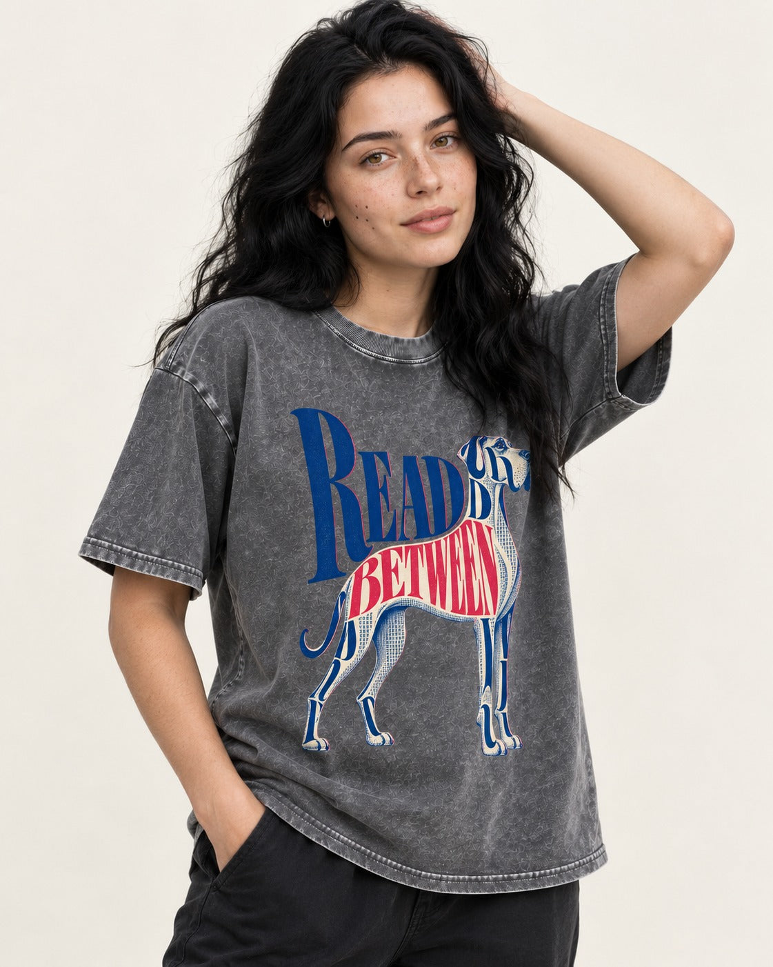 Read Between the Lines Great Dane Washed Tee in Gray, worn by a model