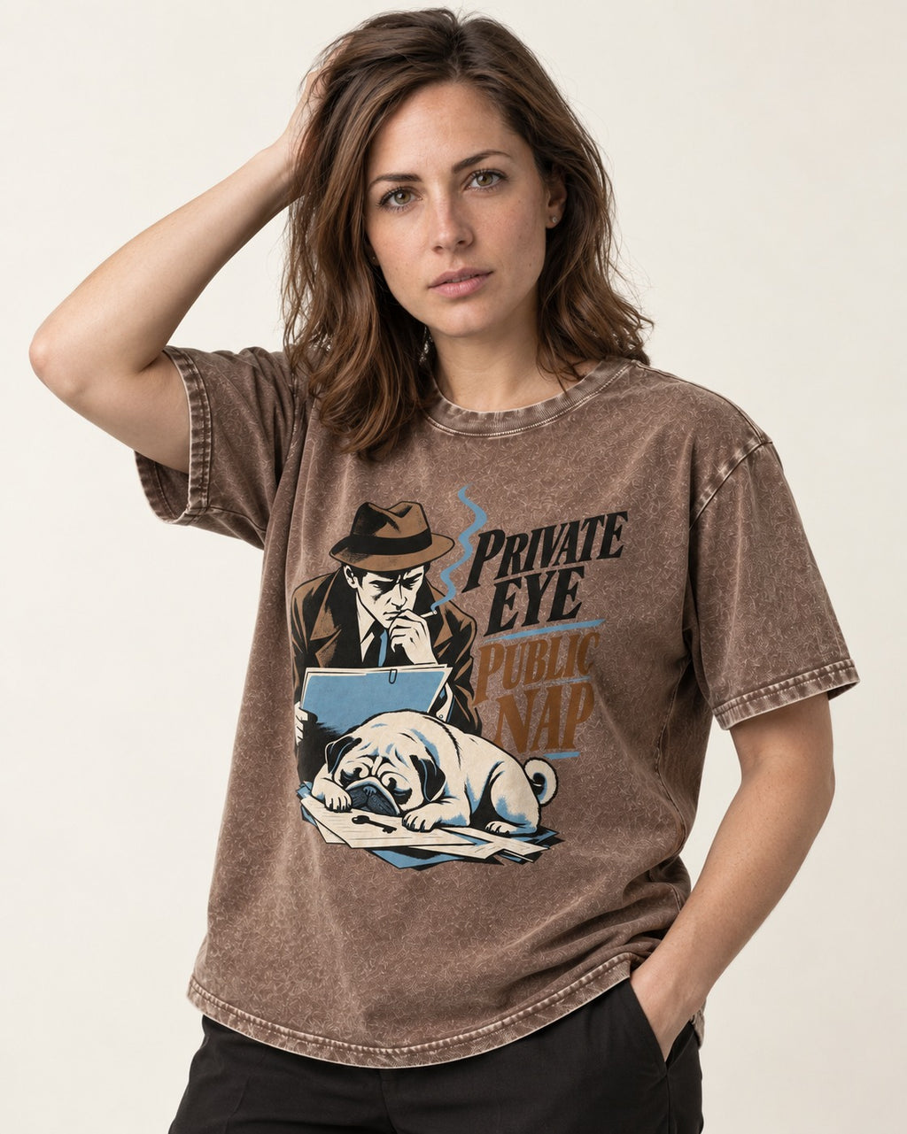 Pug Private Eye Public Nap Washed Tee in Coffee, worn by a model
