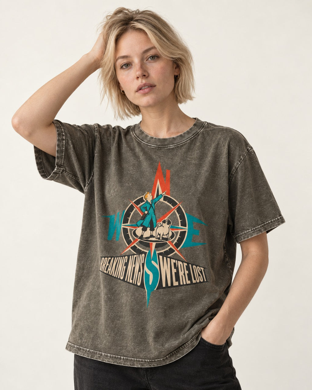 Pug Breaking News We're Lost Compass Graphic Washed Tee in Army Green, worn by a model