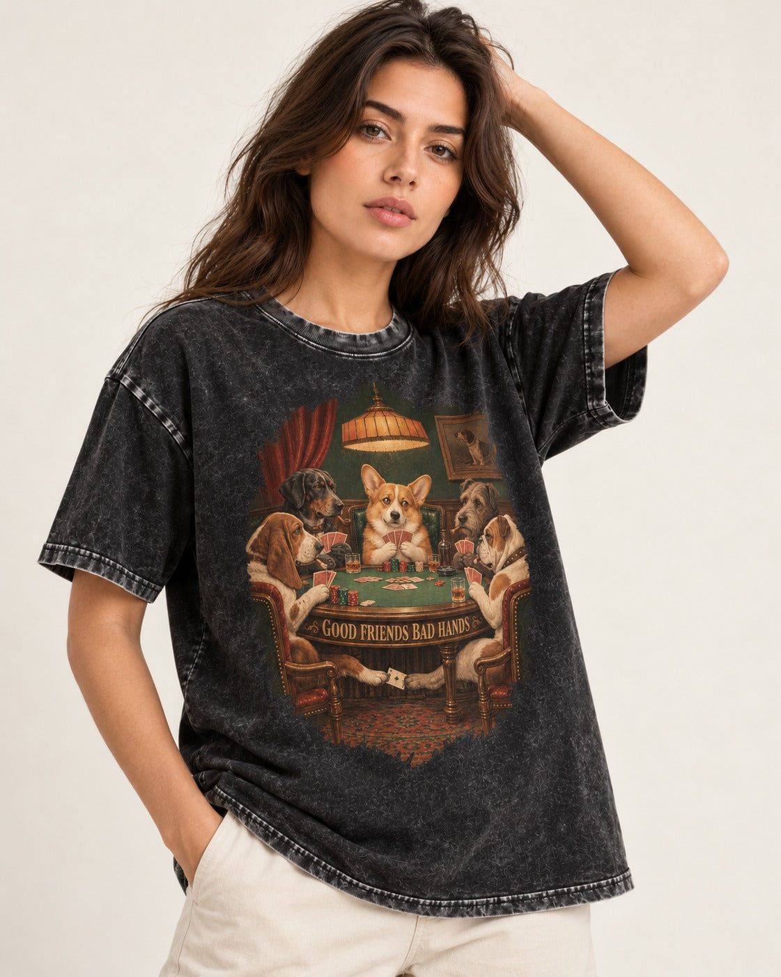 Corgi Good Friends Bad Hands Poker Night Washed Tee in Black, worn by a model