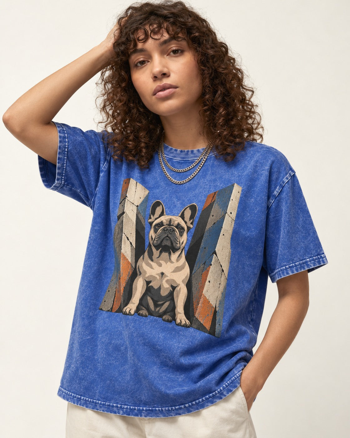 Frenchie Concrete Diplomat Barrier Portrait Washed Tee in Royal Blue, worn by a model