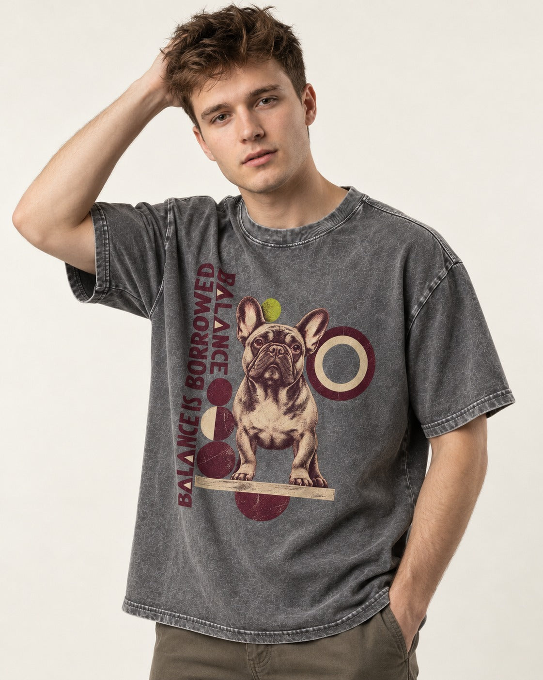 Frenchie's Balance Is Borrowed Washed Tee in Gray, worn by a model
