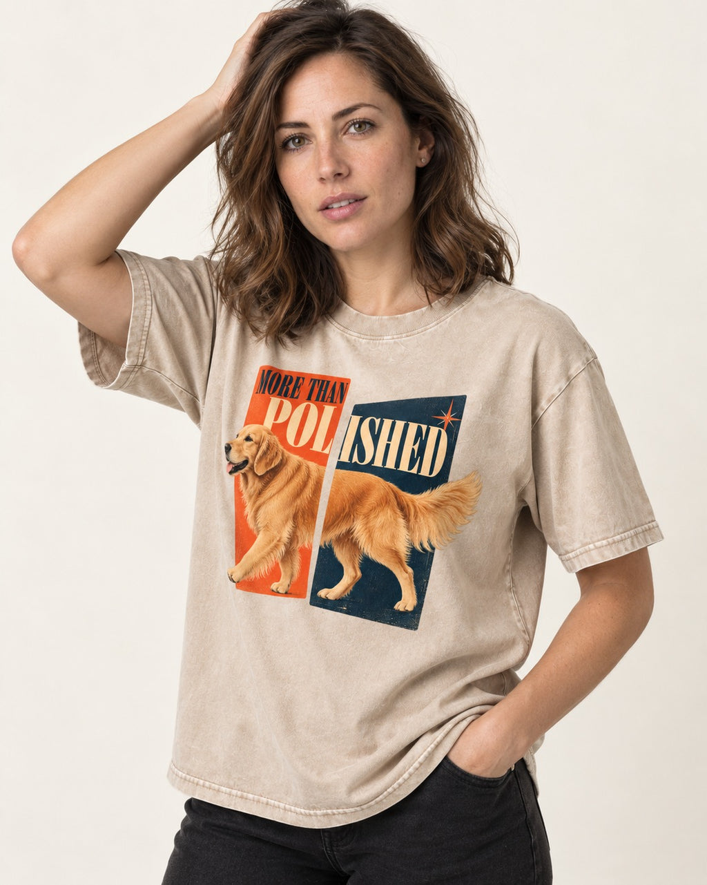 Golden Retriever More Than Polished Split Panel Graphic Washed Tee in Apricot, worn by a model