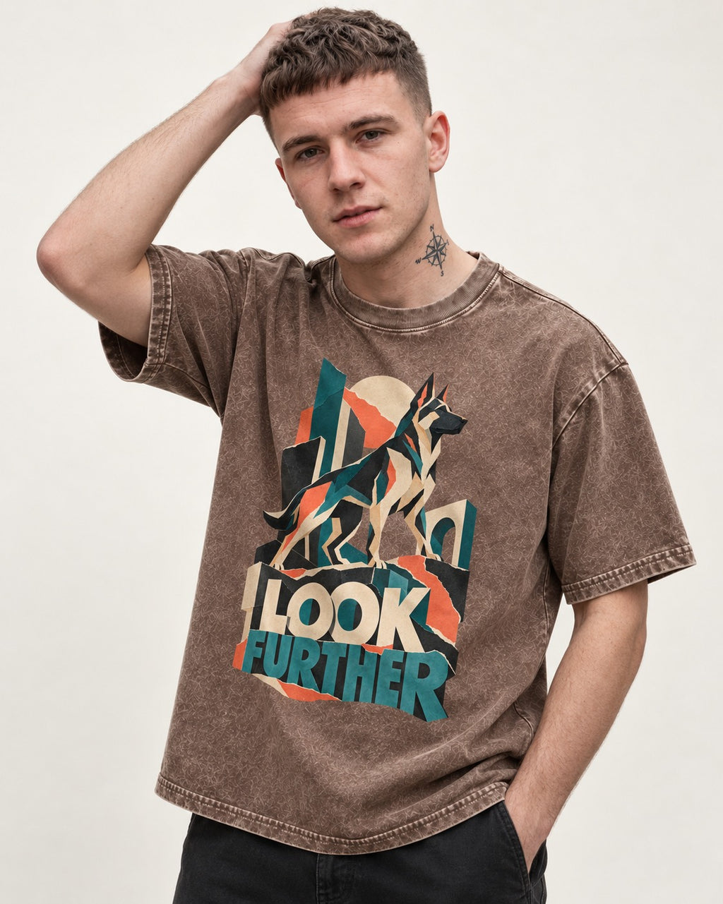 Look Further German Shepherd Dog Washed Tee in Coffee, worn by a model
