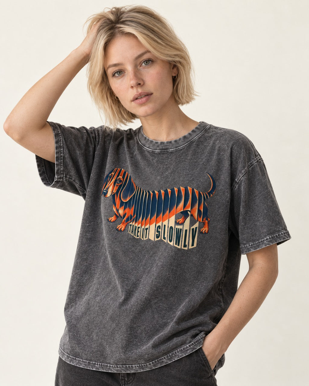 Take It Slowly Dachshund Washed Tee in Gray, worn by a model