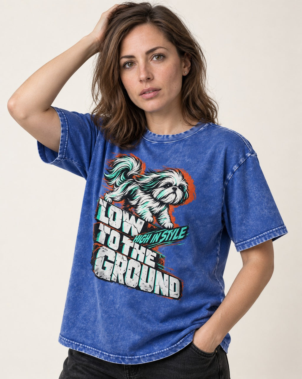 Shih Tzu Low to the Ground High in Style Streetwear Graphic Washed Tee in Royal Blue, worn by a model