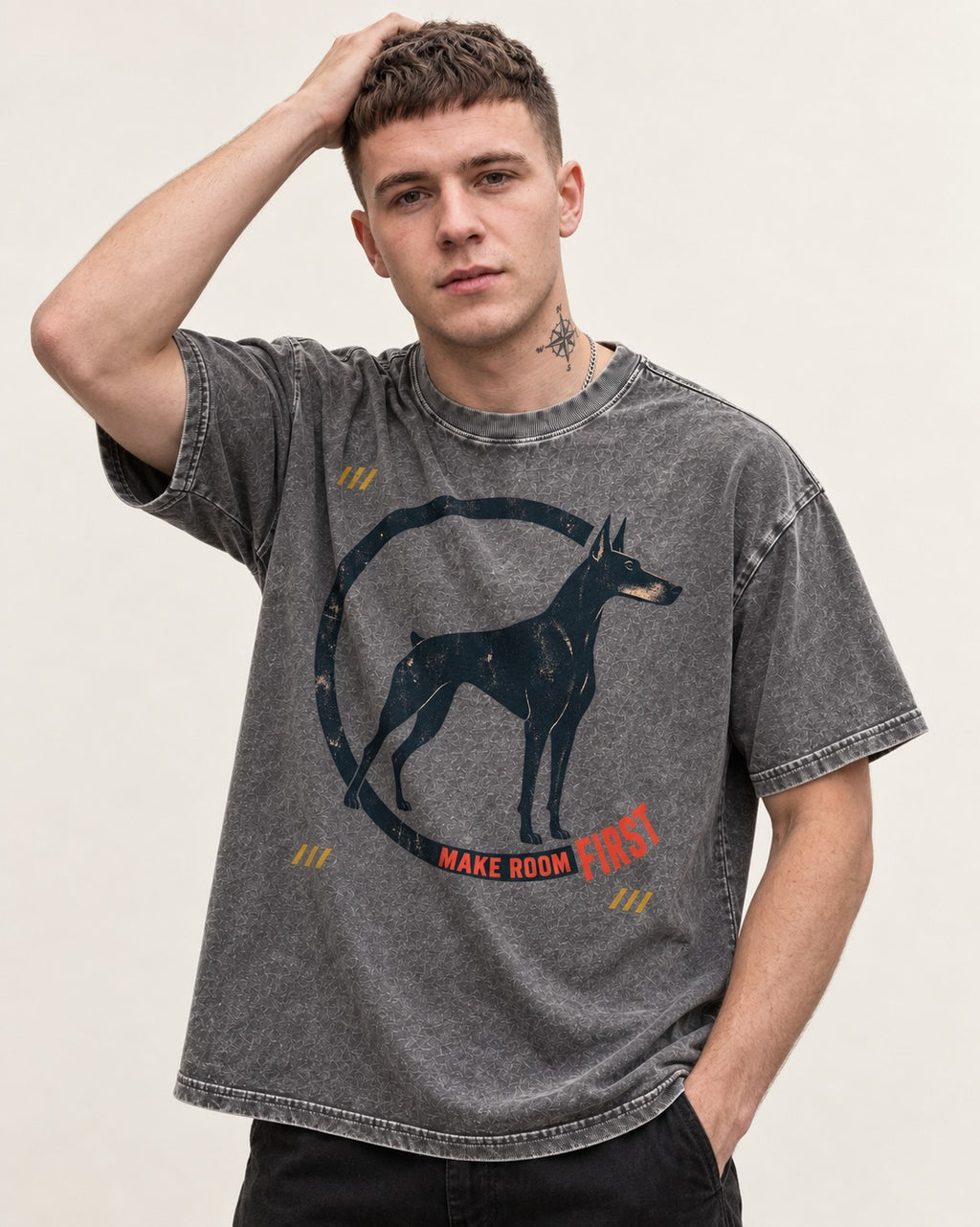Make Room First Doberman Washed Tee in Gray, worn by a model