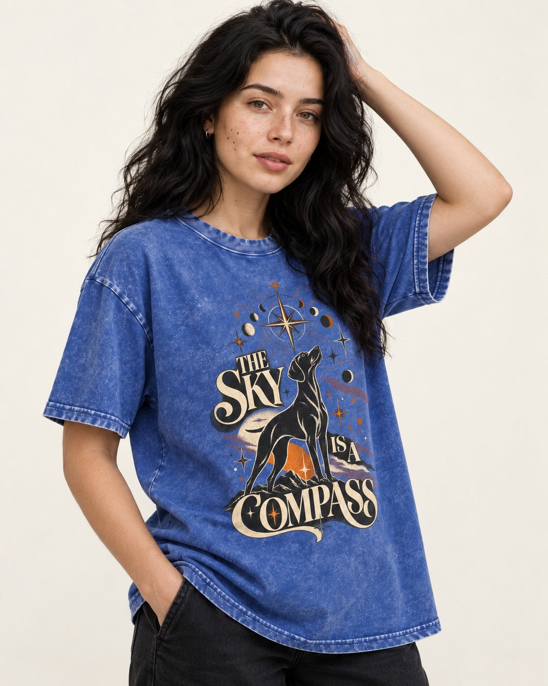 The Sky Is a Compass Celestial German Shorthaired Pointer Graphic Washed Tee in Royal Blue, worn by a model