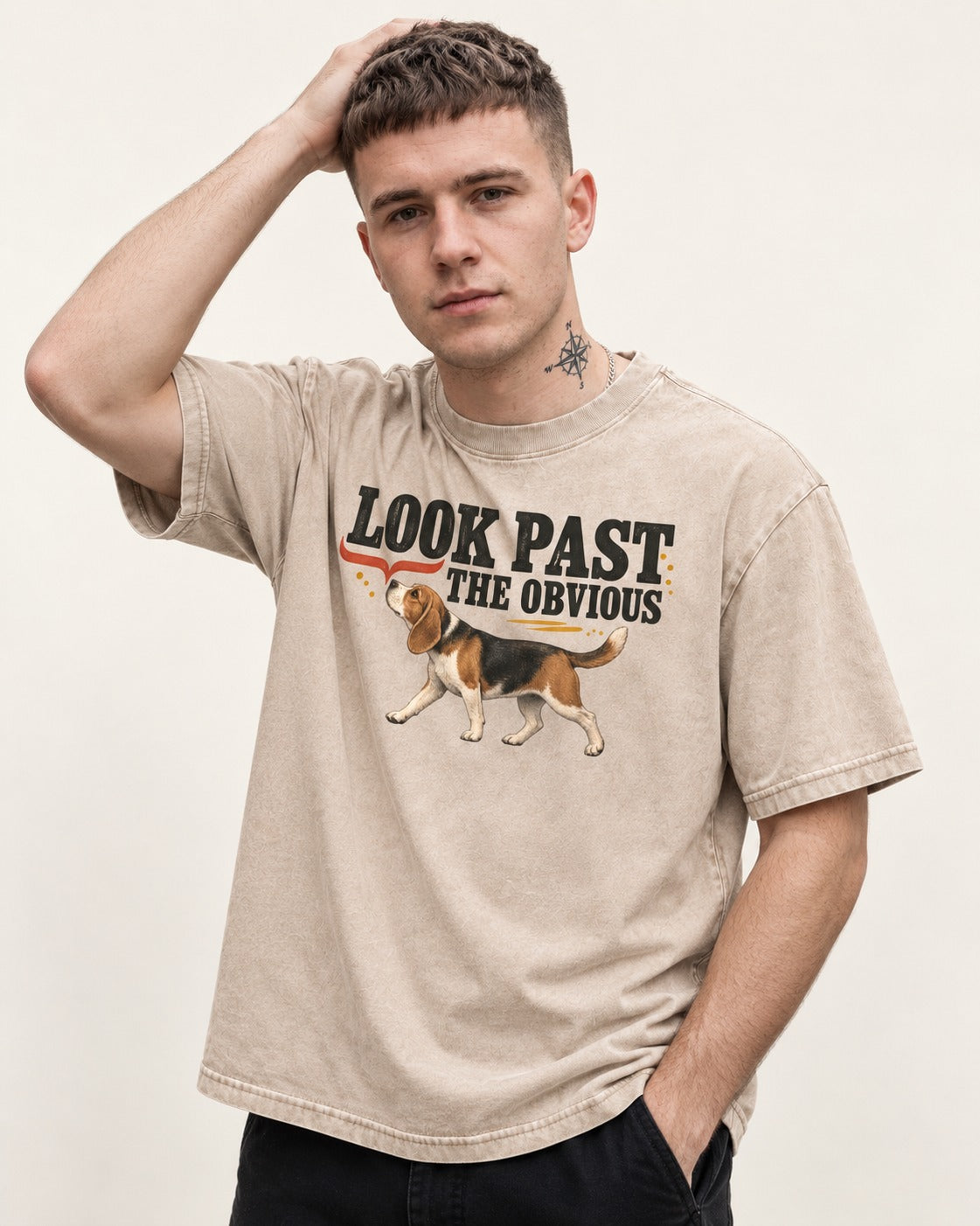 Beagle Look Past the Obvious Washed Tee in Apricot, worn by a model