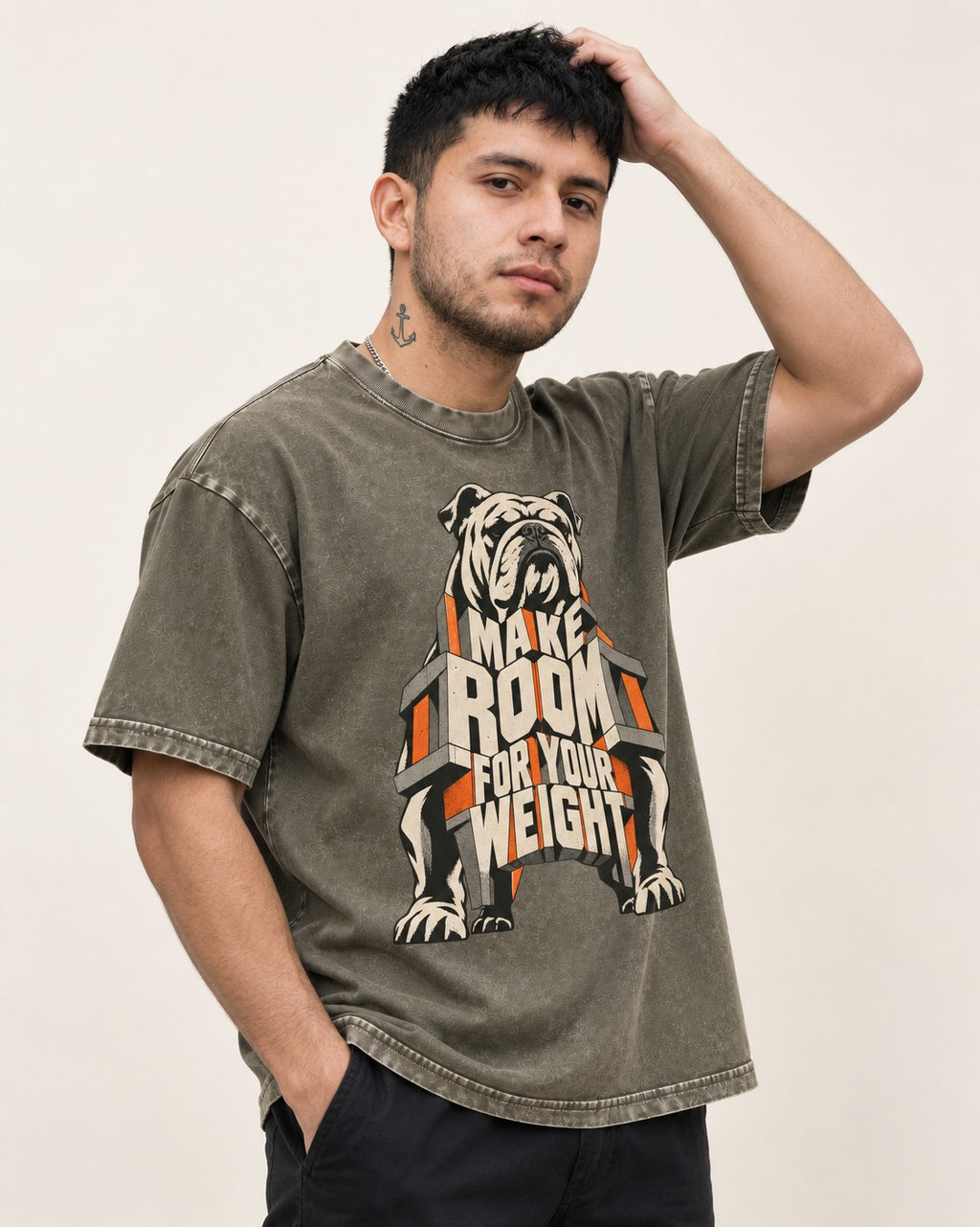 English Bulldog Make Room for Your Weight Dimensional Typography Washed Tee in Army Green, worn by a model