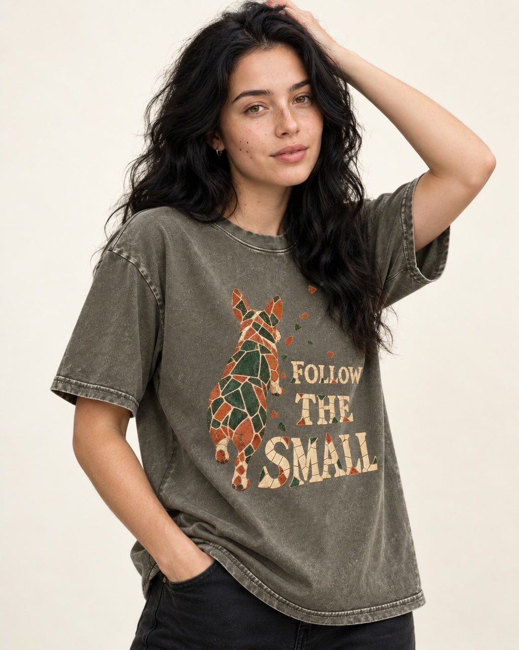 Corgi Follow the Small Mosaic Washed Tee in Army Green, worn by a model