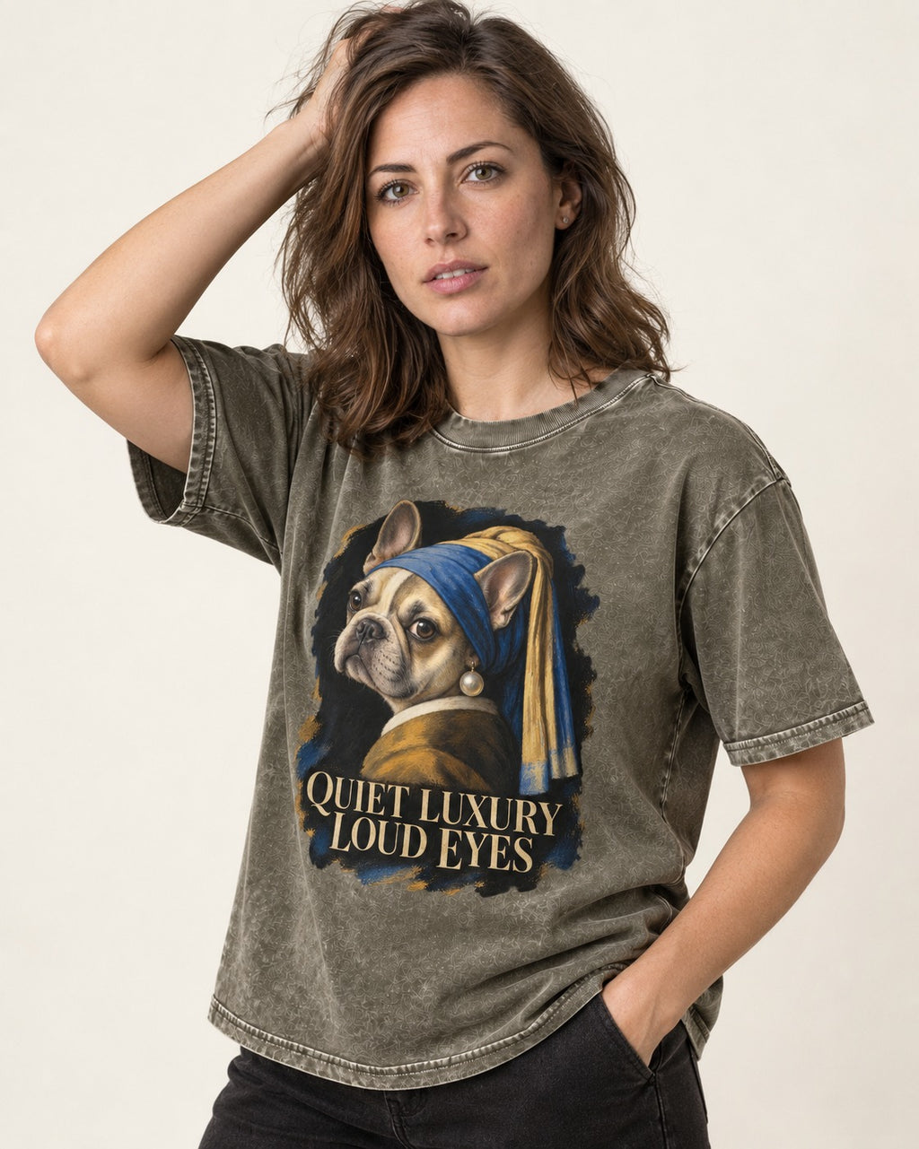 Frenchie Quiet Luxury Loud Eyes Pearl Portrait Graphic Washed Tee in Army Green, worn by a model