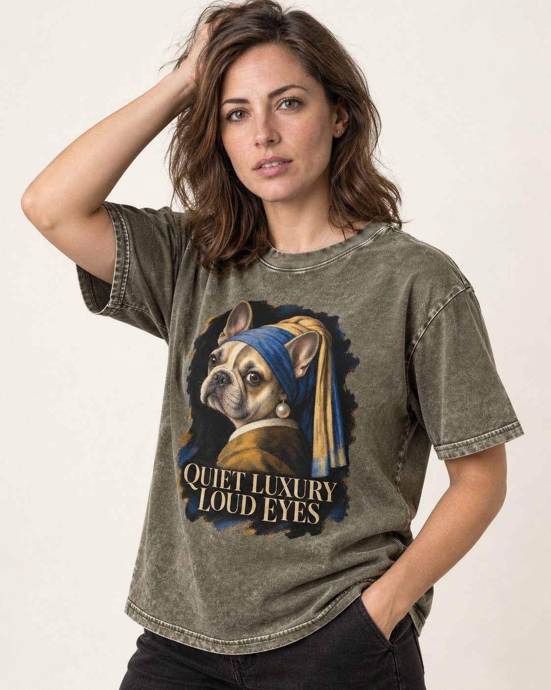 Frenchie Quiet Luxury Loud Eyes Pearl Portrait Graphic Washed Tee in Army Green, worn by a model