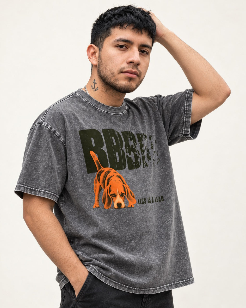 Less Is a Lead Beagle Washed Tee in Gray, worn by a model