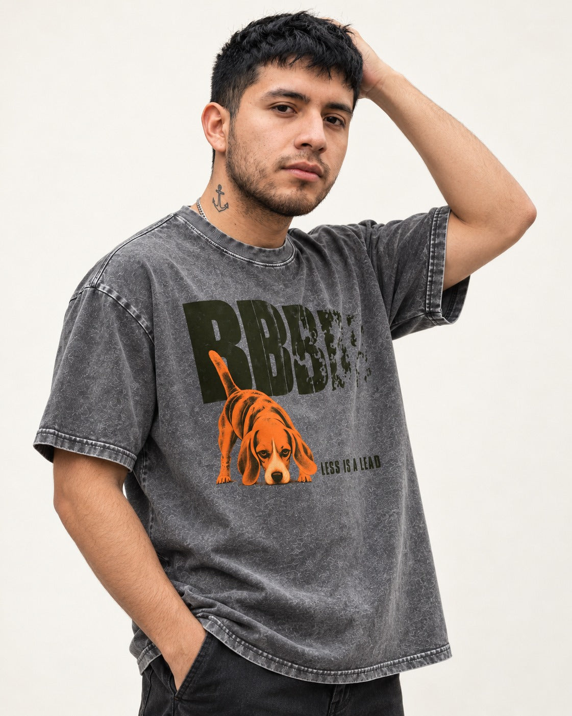 Less Is a Lead Beagle Washed Tee in Gray, worn by a model