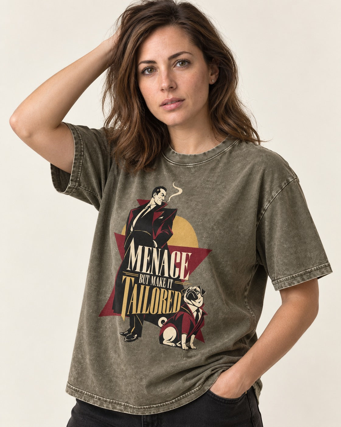 Pug Menace But Make It Tailored Graphic Washed Tee in Army Green, worn by a model