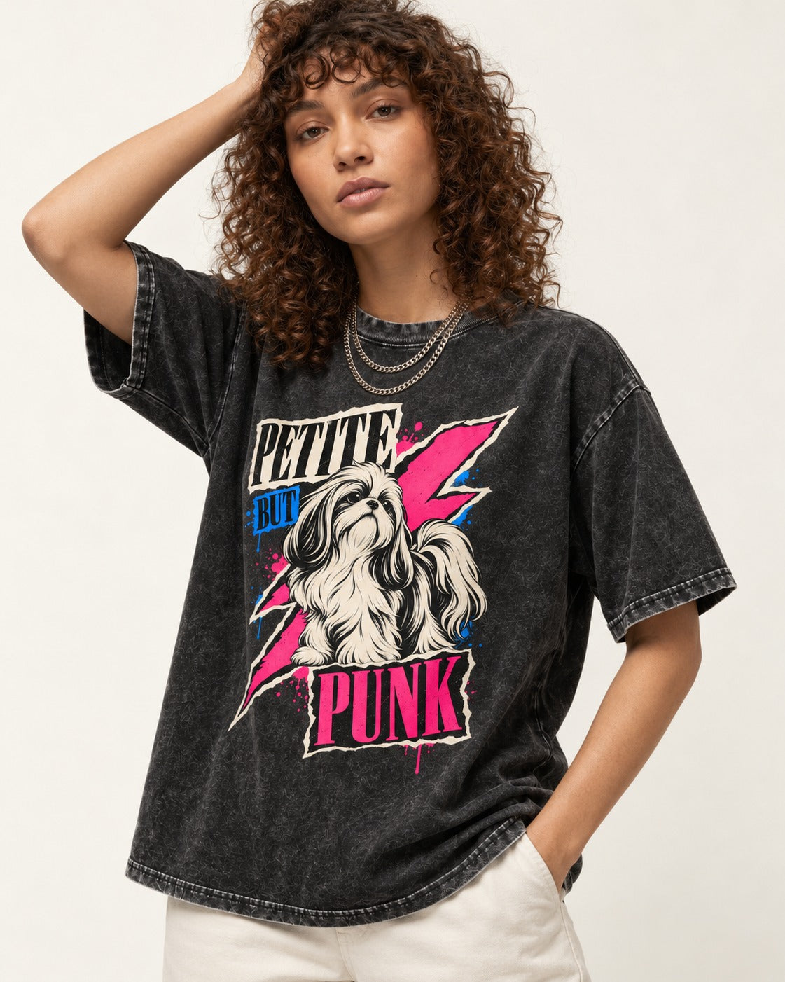 Shih Tzu Petite but Punk Lightning Graphic Washed Tee in Black, worn by a model